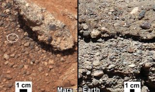 Curiosity rover image of Link outcrop on Mars, showing rounded gravel fragments, compared with similar rocks seen on Earth. (Credit: NASA/JPL-Caltech/MSSS and PSI)