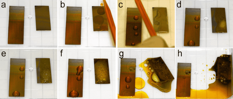 Accelerated corrosion test, in which unmodified stainless steel (300 grade) (right sample)and the lower part of the TO-SLIPS sample with a 600-nm-thick porous TO film on steel (left sample)were exposed to very corrosive Glyceregia stainless steel etchant. (a-h) Images show corrosion evolution as a function of contact time.