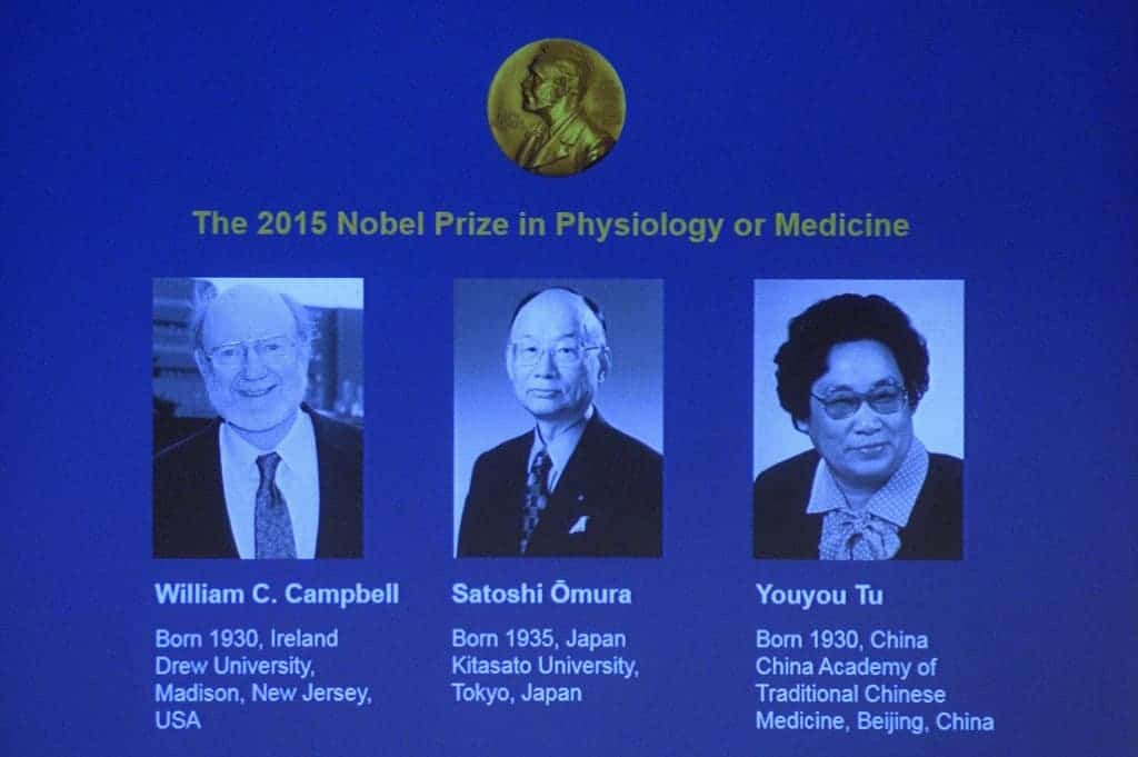 The winners of the Nobel Medicine prize 2015 (L-R) Irish-born William C Campbell, Satoshi Omura of Japan and China’s Youyou Tu. Photograph credits to: Jonathan Nackstrand