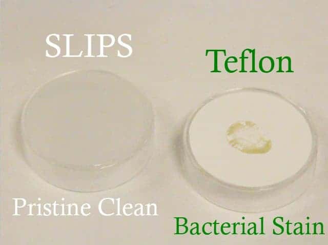 The SLIPS technology for preventing biofilm formation as compared to a Teflon coated surface. (Photo courtesy of Joanna Aizenberg and Tak-Sing Wong.)