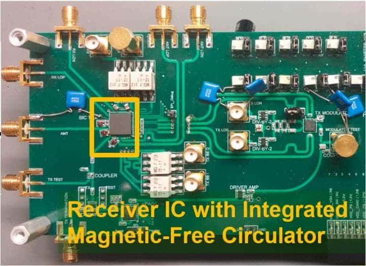This is the first CMOS full duplex receiver IC with integrated magnetic-free circulator. Credit: Negar Reiskarimian, Columbia Engineering
