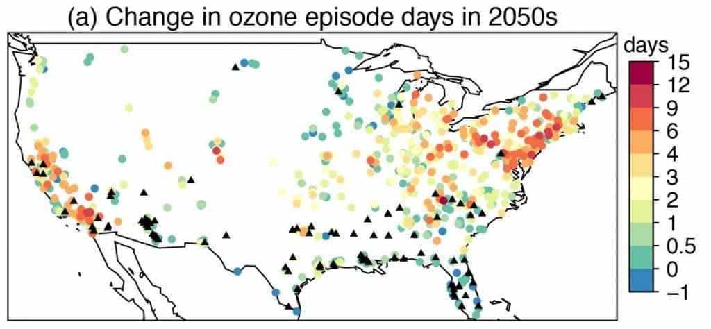 These are mean changes from 2000-2009 to 2050-2059 in ozone episode days due to climate change. Credit: Lu Shen/Harvard University