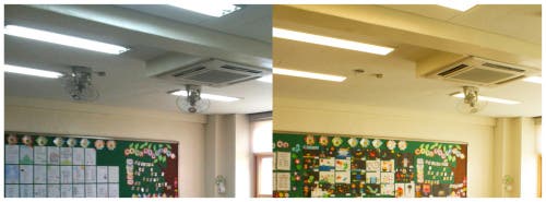 The original fluorescent lighting (left) replaced with tunable LEDs (right). Credit: OSA Publishing