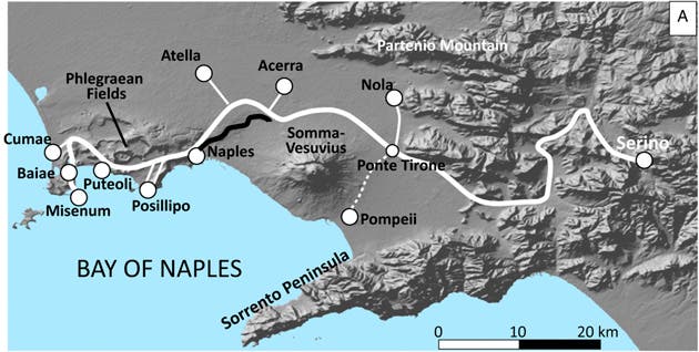 White line: Aqua Augusta aqueduct that supplied water to the cities in the Bay of Naples. Credit: PNAS