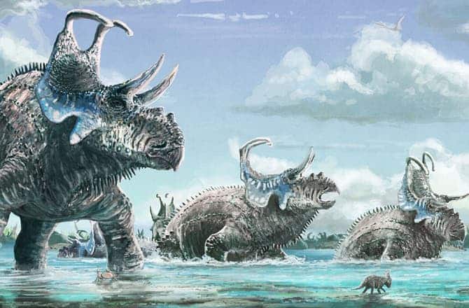 Artist impression of Machairoceratops. Credit: MARK WITTON
