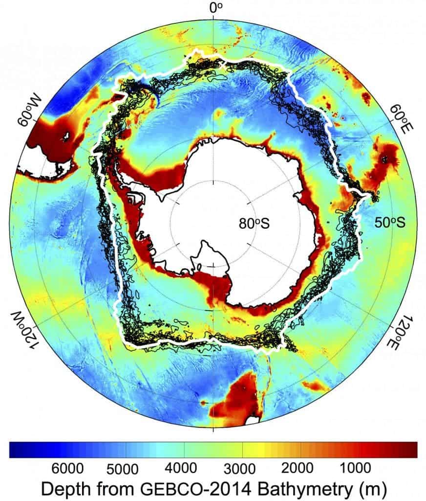 Location of the southern Antarctic Circumpolar Current front (white contour), with -1 degree Celsius sea surface temperature lines (black contours) on Sept. 22 each year from 2002-2009, plotted against a chart of the depth of the Southern Ocean around Antarctica. The white cross is Bouvet Island. Credit: NASA/JPL-Caltech