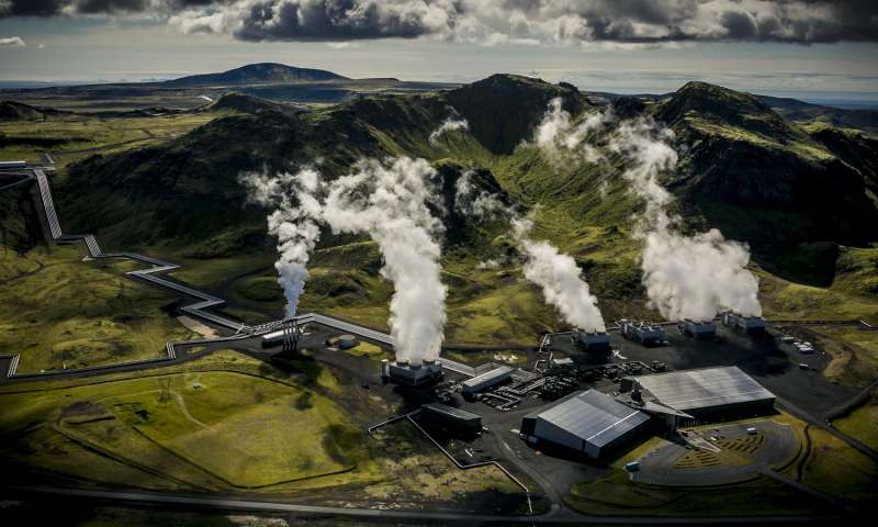 Air photograph of Reykjavik Energy's Hellisheidi geothermal power plant. CO2 and H2S gases were injected in a basaltic storage reservoir 500 meters below the surface. Credit: Árni Sæberg.