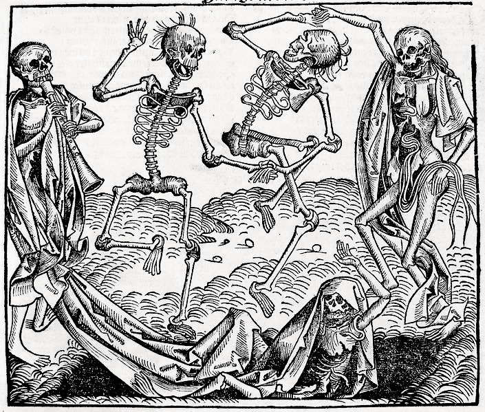 The Dance of Death or Danse Macabre is an allegory on the universality of death. It's a common painting motif in the late medieval period, heavily influenced by the collective trauma the Black Plague inflicted. 
