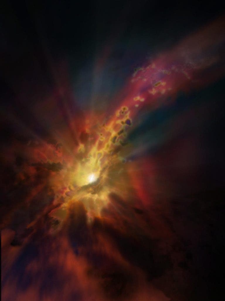 Artist impression of cold gas being consumed by a supermassive black hole. Credit: NRAO/AUI/NSF; D. Berry / SkyWorks; ALMA (ESO/NAOJ/NRAO)