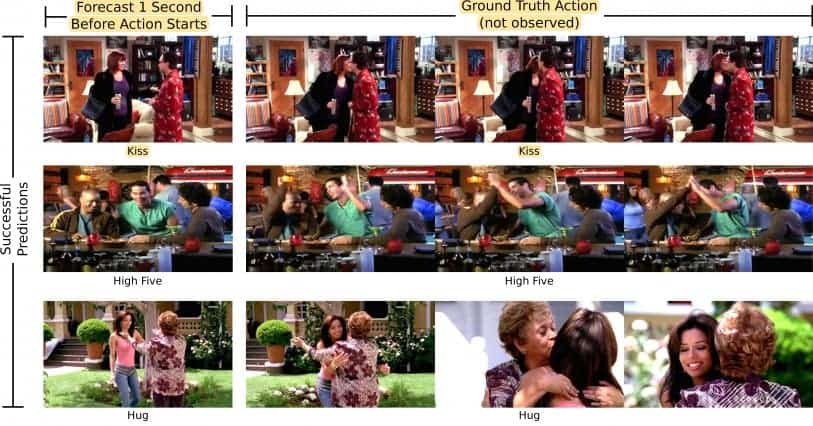 Left: still frame given to the algorithm which had to predict what happened next. Right: next frames from the video. Credit: MIT CSAIL