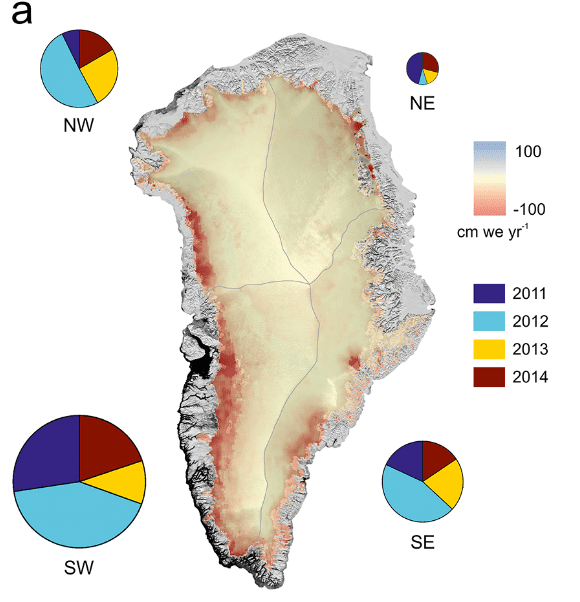 Rate of mass change between January 2011 and December 2014 from CryoSat-2 radar altimetry. The color wheel indicates ice mass lost each year, with the radius scaled according to the magnitude of the total losses. The boundaries between the four sectors are shown in gray. Image provided by authors.