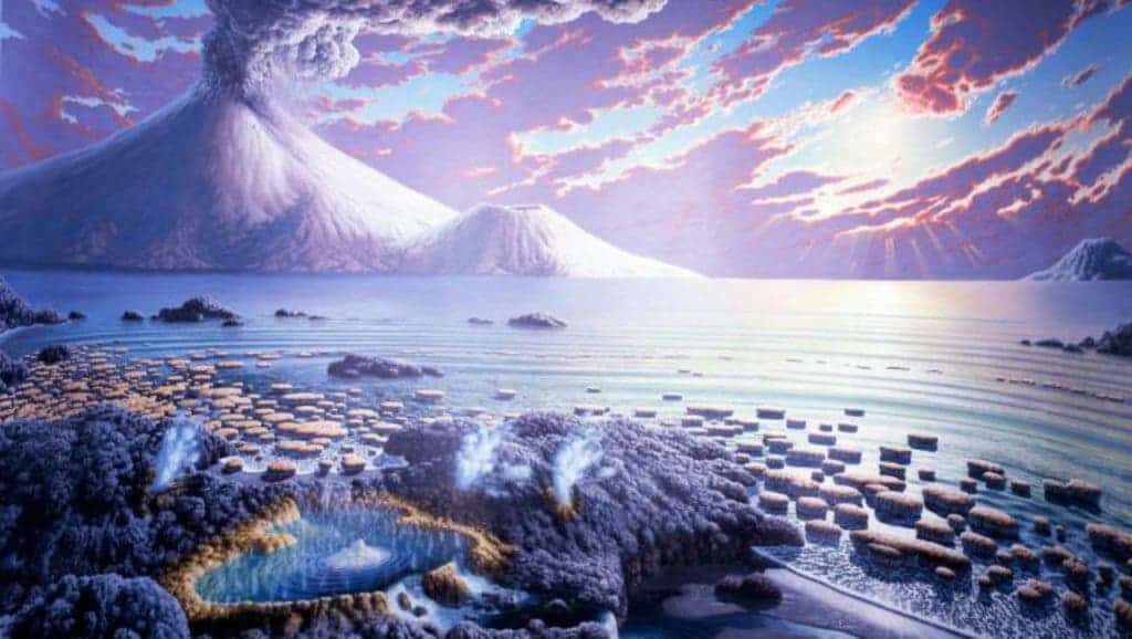 Early Earth wasn’t the most hospitable place in the Universe, but some in all this chaos life emerged. Image credit: Peter Sawyer / Smithsonian Institution.
