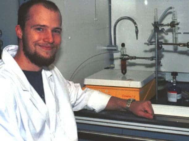 Pasek next to a tube that contains a meteorite sample dissolved in fresh water. Credit: University of Arizona