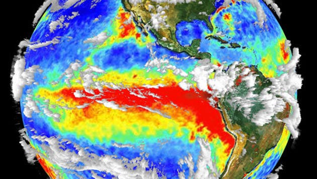 3-D cloud and surface temperature data from the Terra satellite show a well-developed El Niño condition. The red area is warm water sitting off the coast of western South America. Credit: NASA