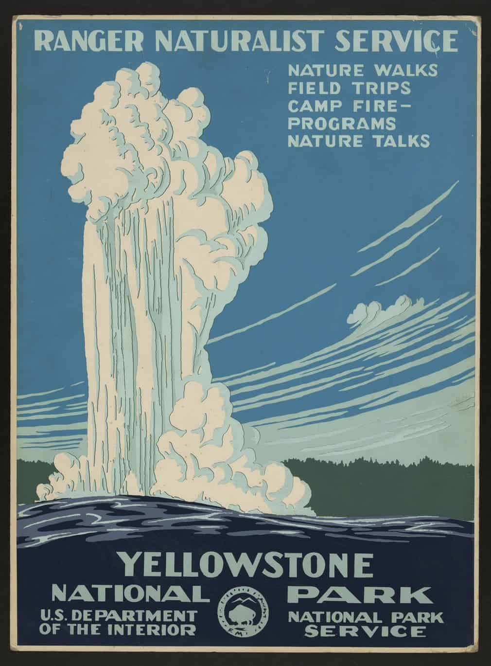 Old Faithful erupting at Yellowstone national park, circa 1938