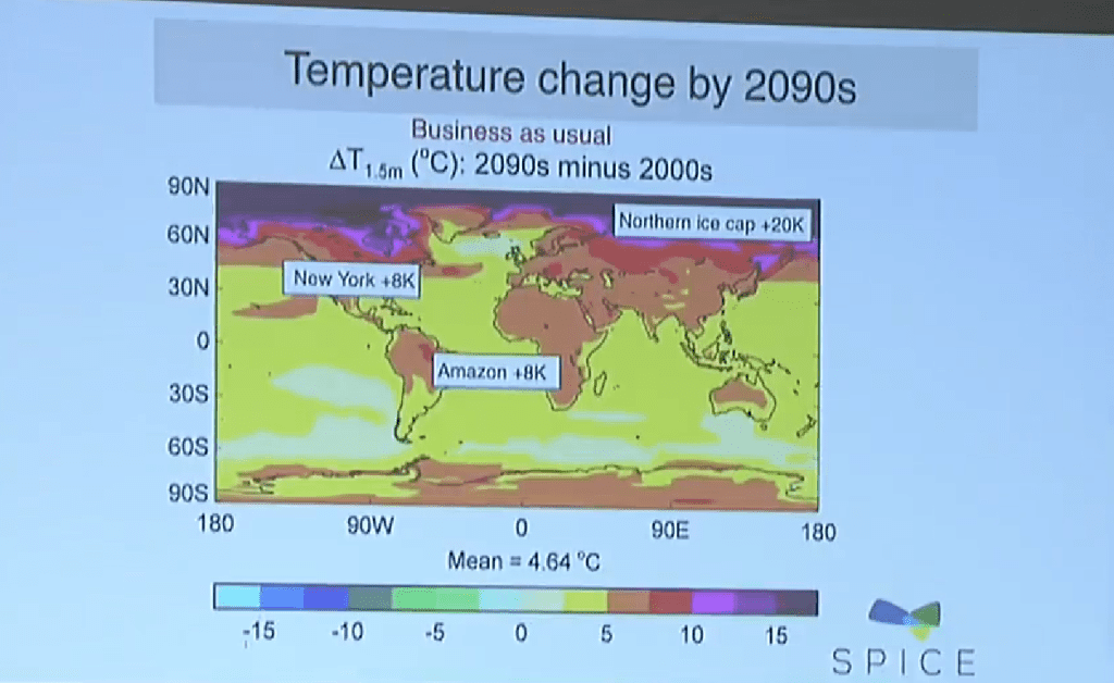 According to this high-resolution climate model, by the year 2090 the ice caps will warm by 20 degrees Kelvin, New York by 8 K, the Amazon, which is often called the lungs of the planet because of its ability to suck up carbon, also by 8 K. Credit: James Haywood, Met Office, 2014.