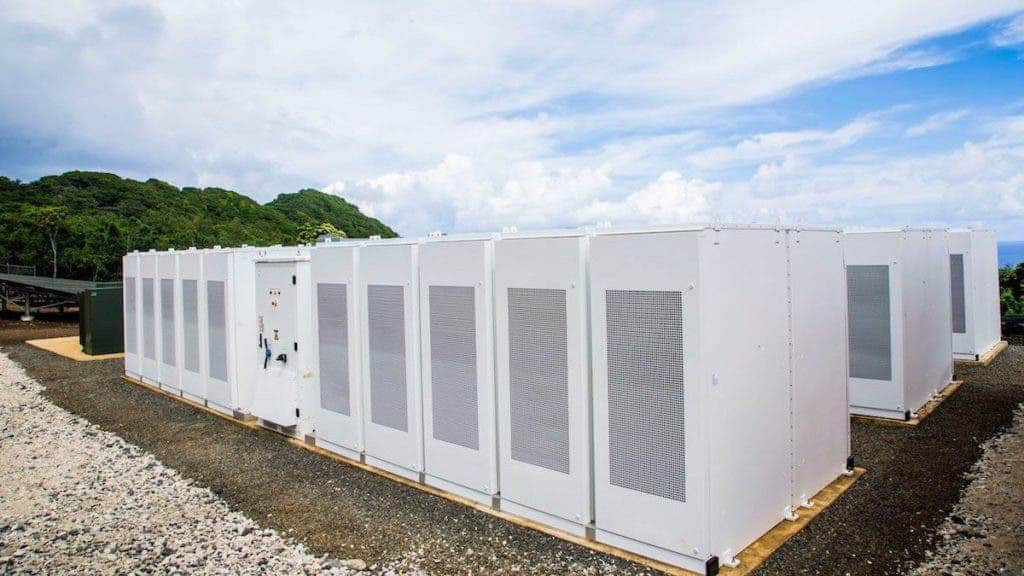 A snapshot of some of the 60 PowerWalls installed on the island. Credit: SolarCity
