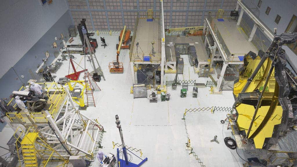 Engineers conduct a "Center of Curvature" test on NASA's James Webb Space Telescope in the clean room at NASA's Goddard Space Flight Center, Greenbelt, Maryland. Credits: NASA/Chris Gunn