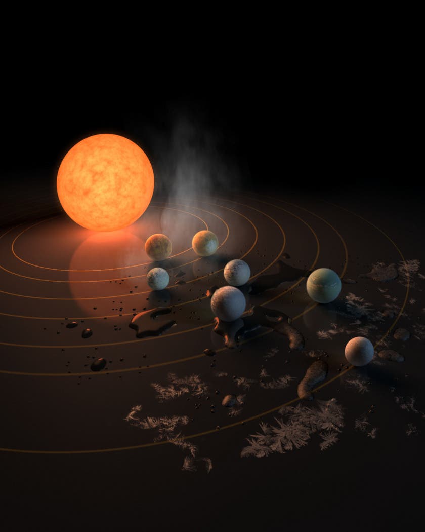 A sweet representation of the Trappist-1 system shows us where NASA scientists think we could find liquid water. The inner three planets are too hot and the outermost planet is likely too cold. Smack in the middle, though, three planets might just be lucky enough. Credit: NASA / JPL-Caltech. 