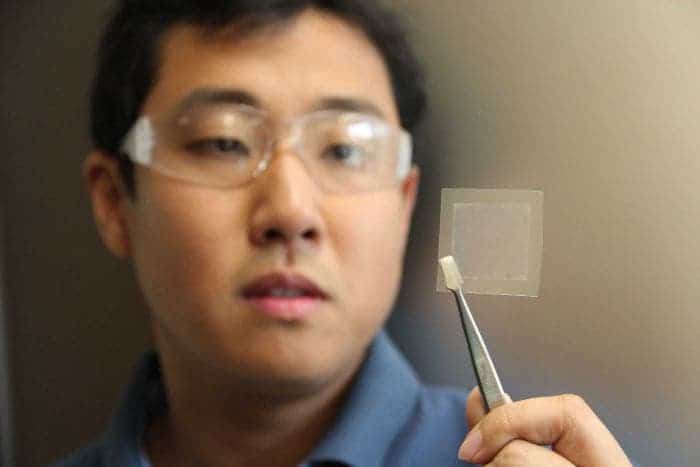  Dr Zhao Jun Han holds a thin film of graphene he made from soybean oil. Credit: CSIRO. 
