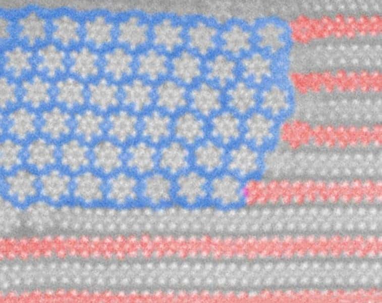 This U.S. flag is only a couple nanometers wide or thousands of times thinner than a human hair. It's practically invisible to the human eye and the tiniest Old Flag ever. This pattern appeared unexpectedly when researchers heated the "stripe" material molybdenum ditelluride. Credit: University of Texas at Dalla.