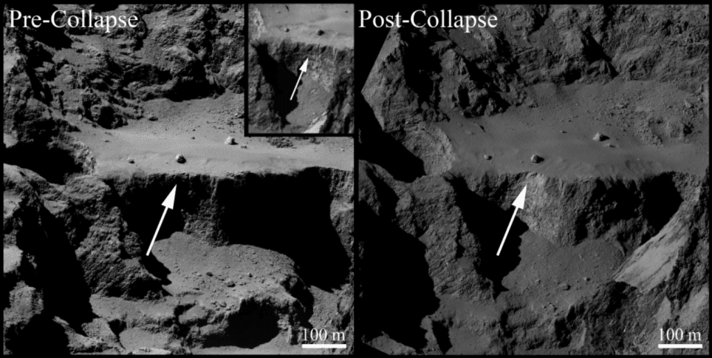 A 70 metre-long, 1 metre-wide fracture was created in the wake of the cliff's collapse. Take a moment to appreciate how sharp these images are -- taken by a spacecraft orbiting a freaking comet millions of miles away from Earth. Credit: ESA.