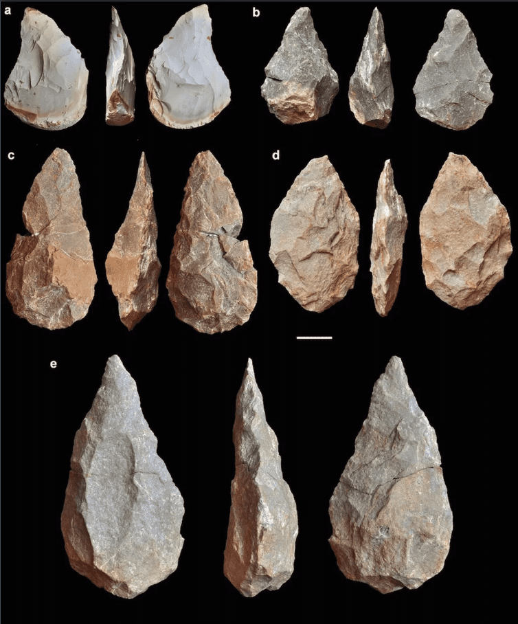 Hand axes crafted from stone discovered at the Aroeira site in Portugal. Credit: Rolf Quam.
