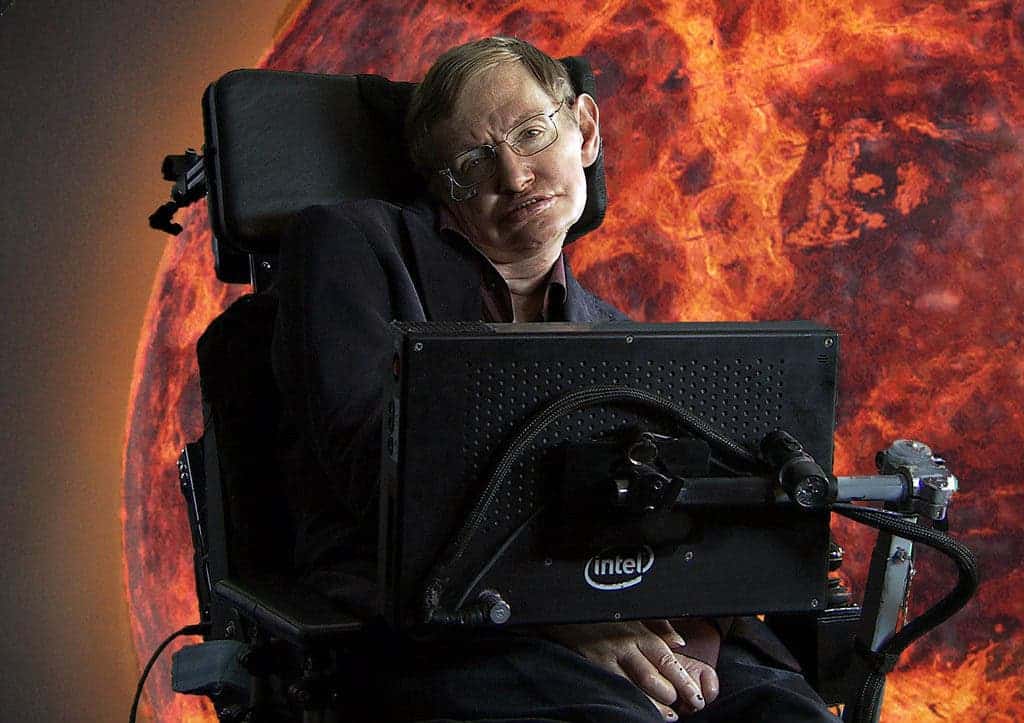 Stephen Hawking in front of sun with coronal mass ejections.