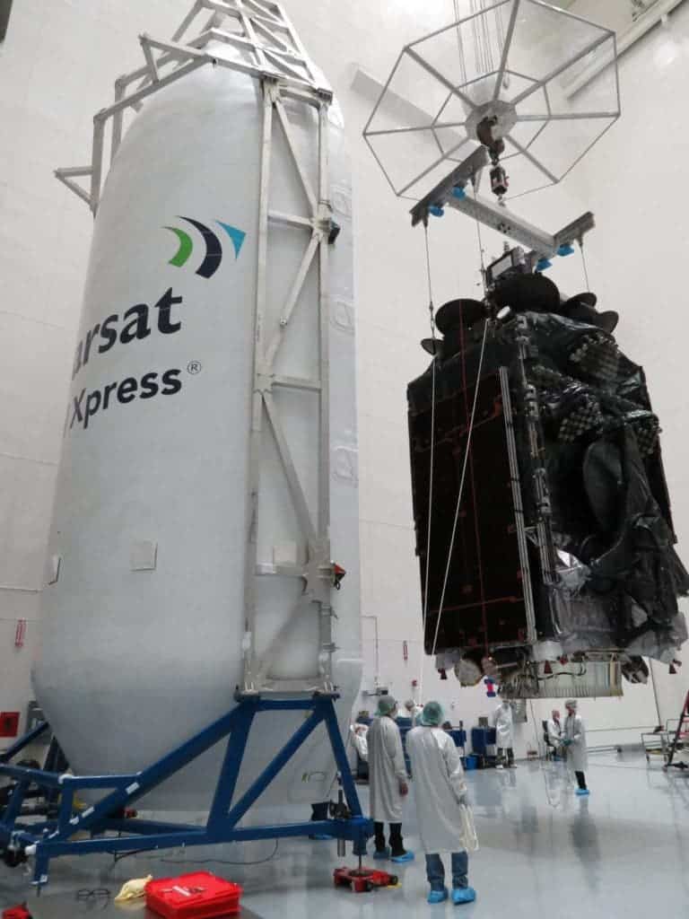 The huge Inmarsat 5 F4 getting ready for take off on a Falcon 9. Credit: Inmarsat. 