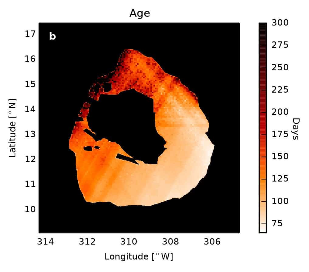From infrared measurements, the researchers could deduce the age of the lave at the surface of the lake. The youngest is in the lower right, having overturned most recently, about 75 days before the observations. Credit: Katherine de Kleer. 
