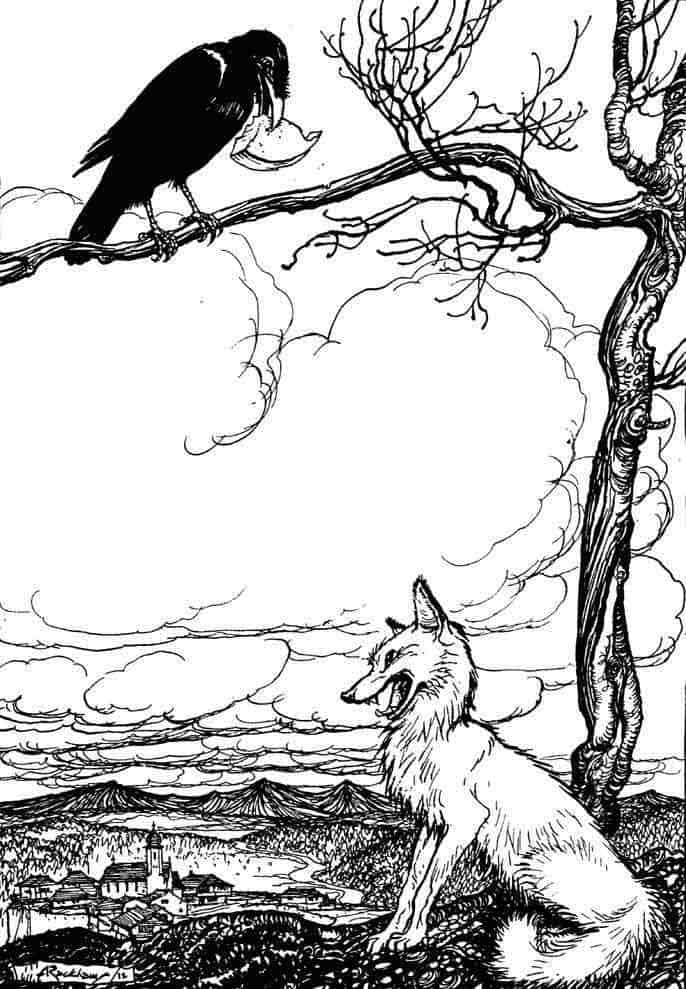 Don't be a dick with ravens, like this fox. Illustration by Arthur Rackham.