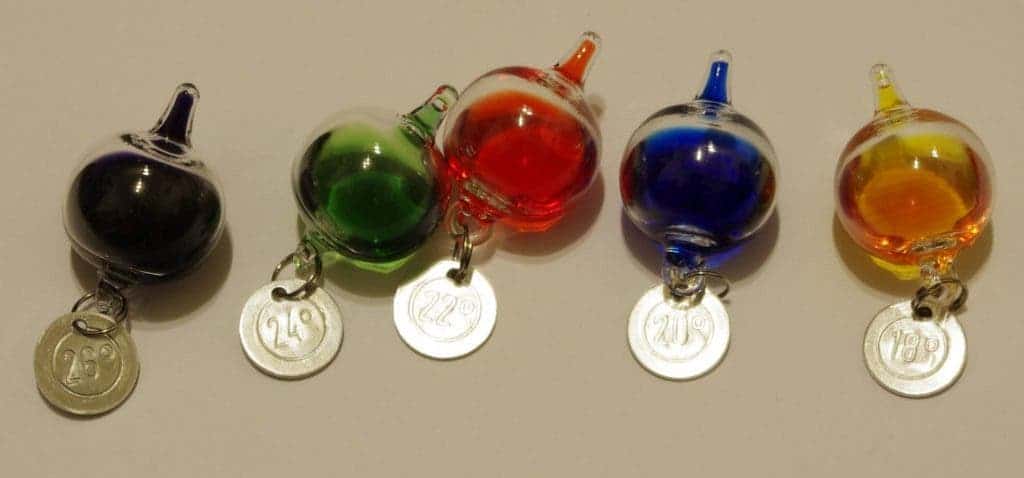 Each glass ball has a metal tag attached that serves to both indicate temperature and as a counterweight. Credit: Wikimedia Commons.