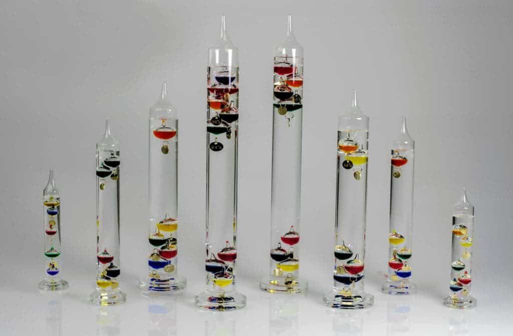 An assortment of Galileo thermometers of various sizes. The bigger the size, the more precise the instrument. Credit: Amazon.