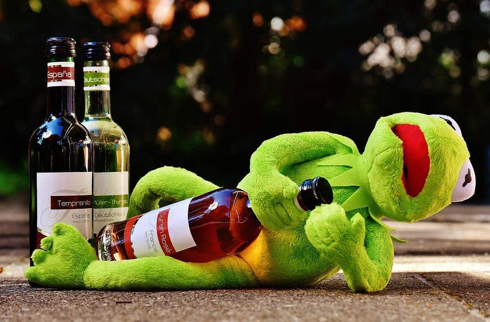 Kermit with wine.