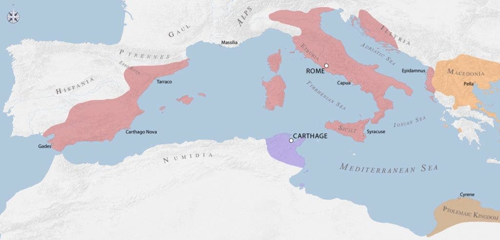 Roman Empire borders following the 2nd Punic War in 209 BC. 
