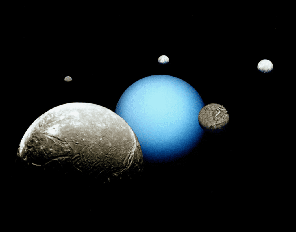 Uranus and its five major moons are depicted in this montage of images acquired by the Voyager 2 spacecraft. The moons, from largest to smallest as they appear here, are Ariel, Miranda, Titania, Oberon and Umbriel. Credit: NASA/JPL