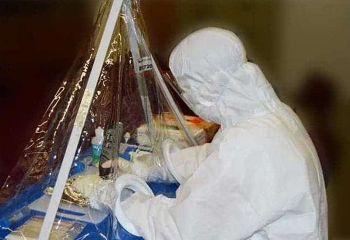Researchers conducted on-site sampling of bone matrial in a mobil sampling lab. Credit: Uppsala University