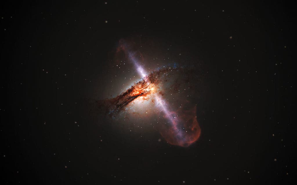 Artist's illustration of galaxy with jets from a supermassive black hole. Credit: Wikimedia Creative Commons.
