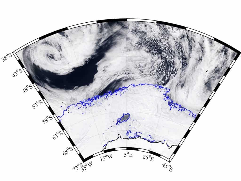 Satellite image of the polynya. Credit: MODIS-Aqua via NASA Worldview.