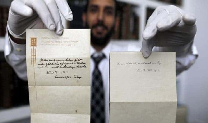 Einstein's two notes on living a quiet and modest life sold for $1.8 million combined. Credit: Barath Tripard/Twitter.