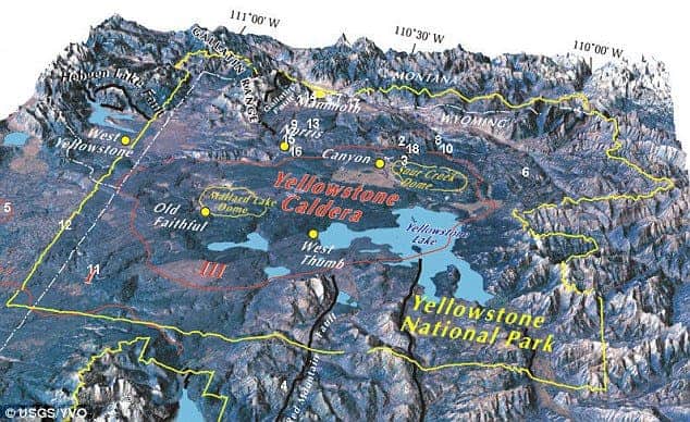 The Yellowstone caldera (circled in red) in Wyoming is the world's largest super-volcano. Credit: USGS.