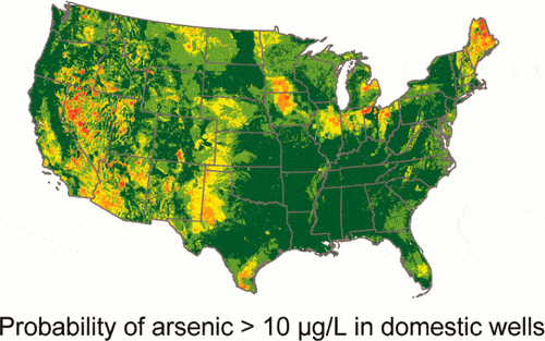 Arsenic concentrations from 20 450 domestic wells in the U.S. were used to develop a logistic regression model of the probability of having arsenic >10 μg/L (“high arsenic”), which is presented at the county, state, and national scales. Credit: Environmental Science and Technology.
