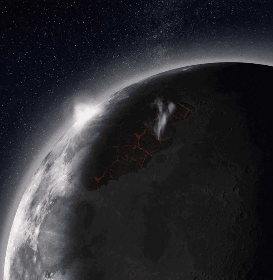 Artist's impression of the Moon, looking over Imbrium Basin, with lavas erupting, venting gases, and producing a visible atmosphere. Credit: NASA MSFC.