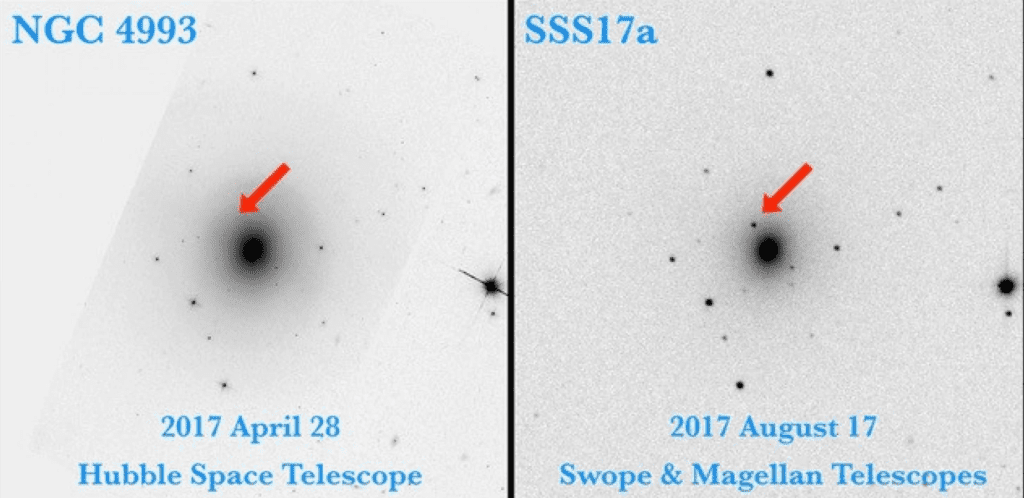 The black dot on the right shows where the kilonova signal comes from. The left image shows the same patch of the sky taken by the Hubble telescope in April, before the two neutron stars collided. Credit: Swope Supernova Survey, UC Santa Cruz.
