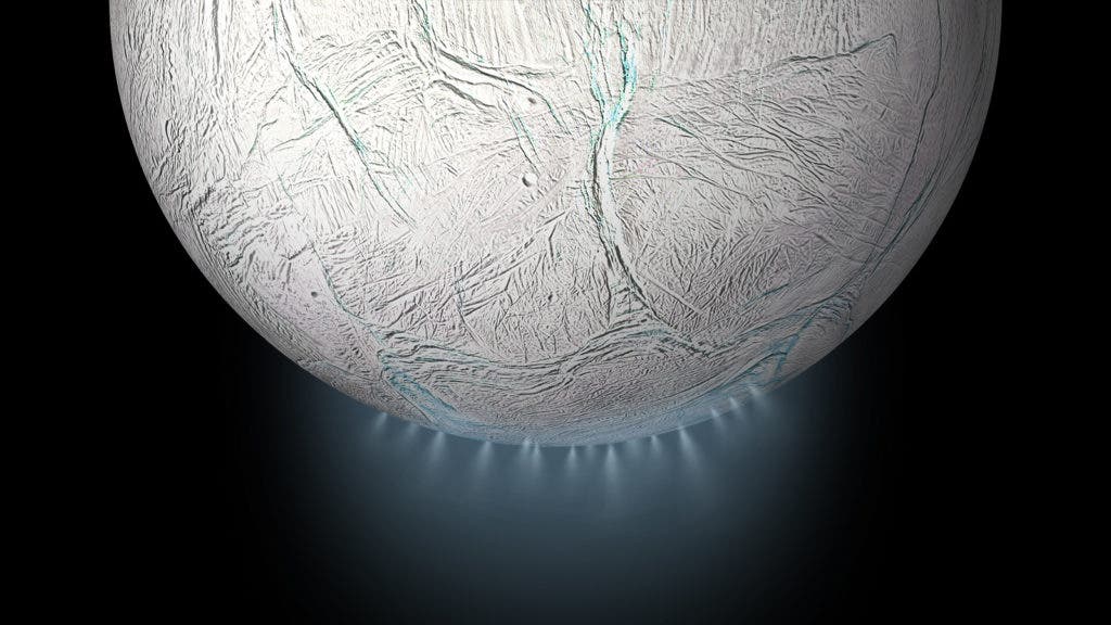 Artist impression of plumes gushing out of Enceladus' south pole. Credit: NASA.