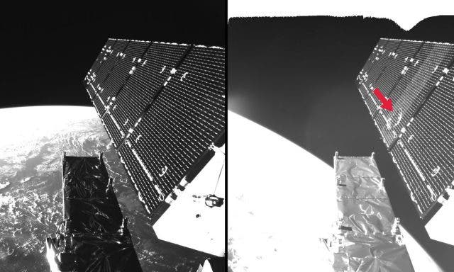 Damage to Sentinel-1A from collision with a 1mm object. Credit: ESA. 