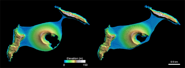 Satellite-derived elevations of the island in April 2015 (left) and September 2017 (right). Credit: NASA.