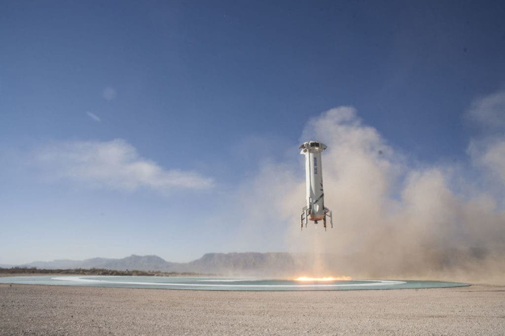 The New Shepard booster made a controlled landing at just 6.75mph. Credit: Blue Origin.