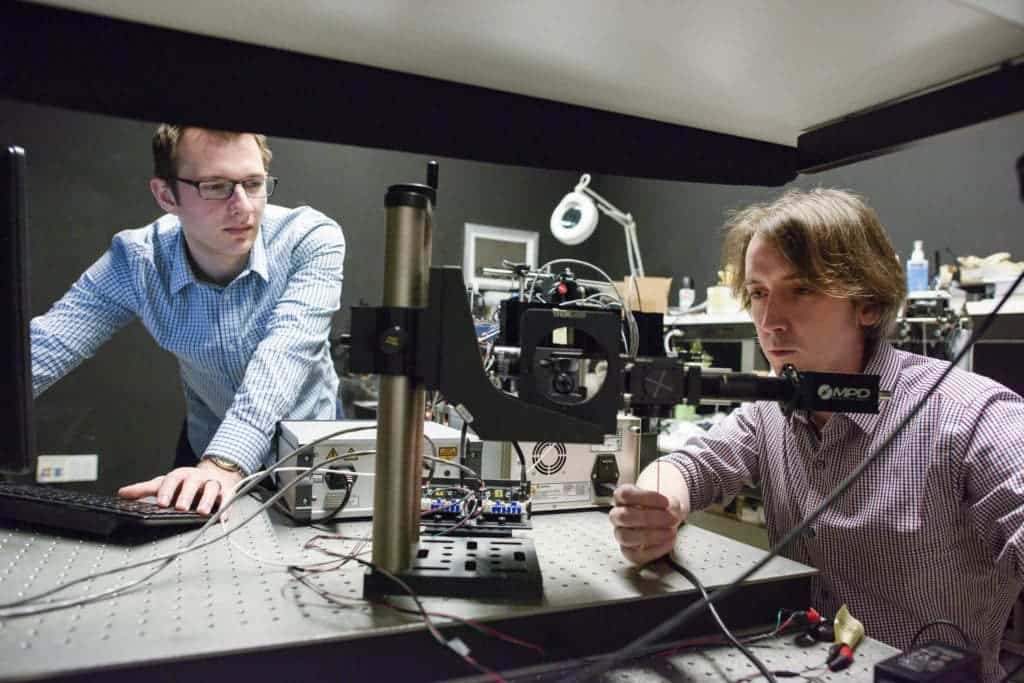 Graduate student David Lindell and Matt O'Toole, a post-doctoral scholar work in the lab. Credit: Stanford News Service.