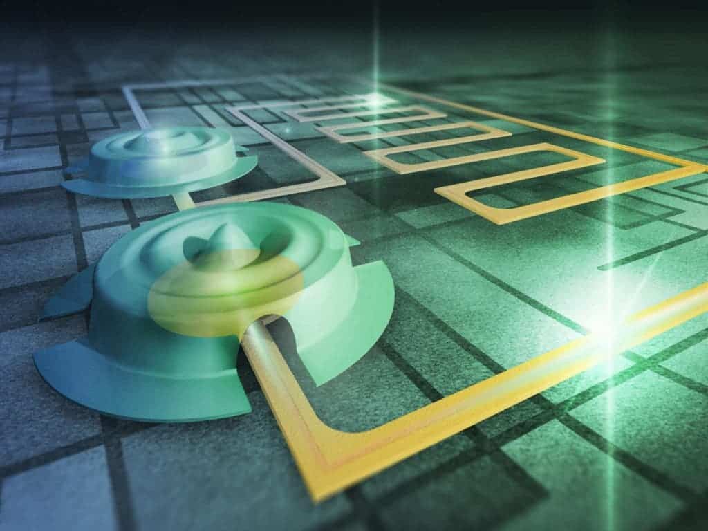 Illustration of the 15-micrometre-wide drumheads prepared on silicon chips used in the experiment. The drumheads vibrate at a high ultrasound frequency, and the peculiar quantum state predicted by Einstein was created from the vibrations. Credit: Aalto University.